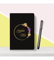 BK Gift Kişiye Özel Çiçek Desenli Siyah Defter Kalem Seti-1