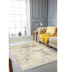Krem Vintage Dokuma Pamuk Tabanlı Kaymaz Kilim KLM115