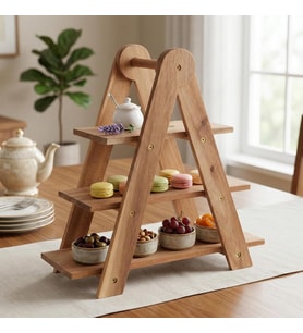 Doğal Akasya Ahşap 3 Katlı Sunum Standı - 37x12.3x37.5 cm Çok Amaçlı Katlı Servis Tepsisi, Kurabiyelik ve Peynir Sunumluğu