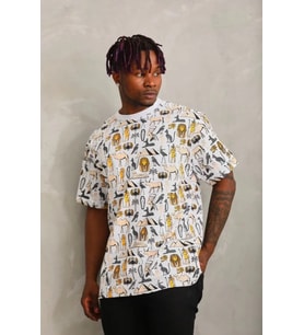 Unisex Oversize Baskılı Bisiklet Yaka T-Shirt - Beyaz
