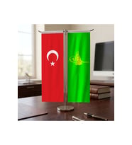Yeşil Osmanlı Tuğrası ve Türk Bayrağı Kırlangıç T tipi Masa Bayrak Takımı
