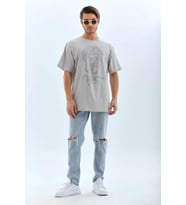 pilelistore- Unisex Oversize Taşlı Bisiklet Yaka T-Shirt - Gri