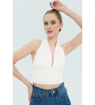 Şık Boyundan Bağlamalı Kolsuz Örme Bluz Uzun Ömürlü Günlük Kullanım İçin Modern Stil (Ekru)