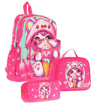 Kaukko Kids Dört Bölmeli Okul Çantası + Beslenme +Kalemlik Seti (Dondurma Yiyen Kedi - Kız Çocuk - Pembe)