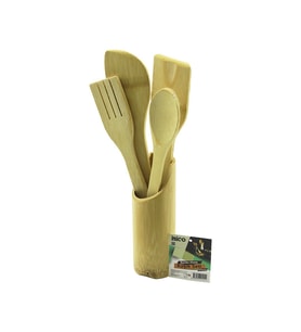 5PCS AHŞAP BAMBU MUTFAK SETİ STAND - KAŞIK - ÇATAL - 2 SPATULA FİLELİ (5343)