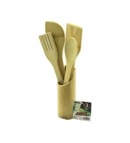 5PCS AHŞAP BAMBU MUTFAK SETİ STAND - KAŞIK - ÇATAL - 2 SPATULA FİLELİ (5343)