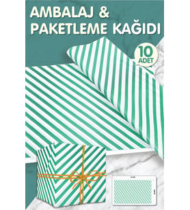 Yeşil Beyaz Verev Çizgili Hediye Paketi, Yılbaşı Paketleme Kağıdı, Ambalaj 50x70 Cm 10 Adet-T357