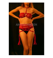 Püskül Detaylı Kırmızı Deri Korse Sütyen Harness Takım