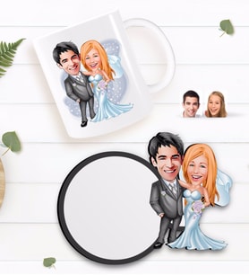 BK Gift Kişiye Özel Evleniyoruz Karikatürlü Beyaz Kupa ve Ahşap Bardak Altlığı Hediye Seti-5