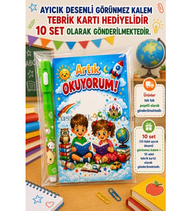 Yeni Okumayı Öğrenen Öğrencilere Hediye 10 Set Artık Okuyorum Yazılı 1. Sınıf Hatırası Ayıcık Desenli Görünmez Kalem Tebrik Kartı Hediyeli