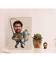 BK Gift Kişiye Özel Erkek Balıkçı Karikatürlü Otantik Masaüstü Ahşap Palet Çerçeve-1 (Beyaz)