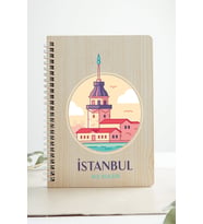 İstanbul Kız Kulesi Şehir Tasarım Ahşap Kapaklı Defter Kraft Kağıt Özel Tasarım (Akçaağaç Rengi )