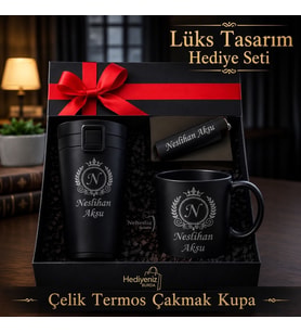 İsme Özel Erkek & Kadın Lüks Hediye Seti - Çelik Termos Bardak Çakmak Kupa - Premium Hediye Paketli