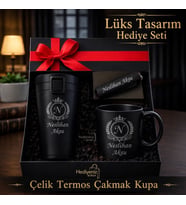İsme Özel Erkek & Kadın Lüks Hediye Seti - Çelik Termos Bardak Çakmak Kupa - Premium Hediye Paketli