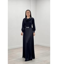 Saten Kumaş Degaje Yaka Abiye Elbise - SİYAH