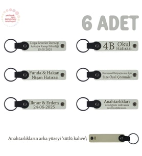 Nikah Törenlerinde Dağıtılmak Üzere, 6'lı Set, İsim Yazılı Hatıra Deri Anahtarlık, Beyaz & S Kahve