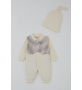 Breeze Erkek Bebek Tulum Sabit Papyonlu Yelekli Kazayağı Desenli 0-6 Ay, Krem