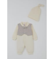 Breeze Erkek Bebek Tulum Sabit Papyonlu Yelekli Kazayağı Desenli 0-6 Ay, Krem