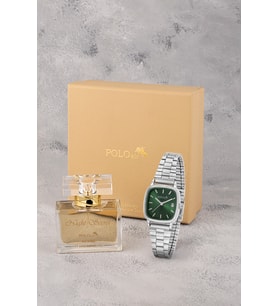 Polo Air Takvimli Kare Kasa Kadın Kol Saati Ve 55 ml Parfüm Hediyelik Kutusunda Set Gümüş Yeşil Renk ST-2200S4