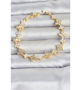 Pirinç Zirkon Taşlı ve Mineli Yonca Model Gold Renk Kadın Bileklik TJ-BB8497