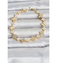 Pirinç Zirkon Taşlı ve Mineli Yonca Model Gold Renk Kadın Bileklik TJ-BB8497