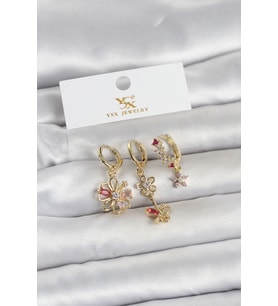 Pirinç Gold Renk Çiçek Model 3'lü Kadın Küpe - TJ-BKP11713