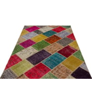 Geometrik Desenli Salon Halısı El Dokuma Yün Parlak Fuşya Modern Vintage Patchwork