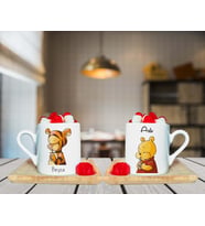 Winnie The Pooh Arkadaş Tasarımlı Çift Ahşap Tabaklı Kişiye Özel Türk Kahvesi Fincanı Seti