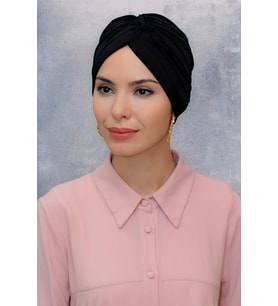 Siyah Pratik Hazır Geçmeli Tesettür Bone Fukuro Sandy Kumaş Büzgülü 1831_01