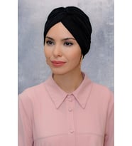 Siyah Pratik Hazır Geçmeli Tesettür Bone Fukuro Sandy Kumaş Büzgülü 1831_01