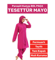 Özel Üretim Yüksek Kalite Konforlu Fermuarlı Taytlı Tam Kapalı Paraşüt Kumaş Bol Paça TESETTÜR MAYO (Fuşya)