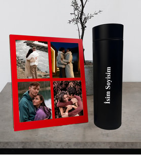 Kişiye Özel Premium  Termos Bardak Ve Fotoğraflı Dört Resimli Siyah Kolaj Masaüstü Fotoğraf Kırmızı Çerçeve