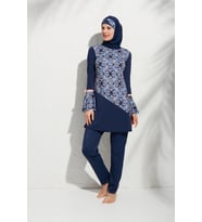 Pierre Cardin 191921 Uzunkollu Kolu Volanlı Desenli Tesettür Mayo (Lacivert)