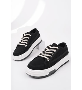 Muggo CARİNA Kalın Taban Keten Kumaş Bağcıklı Kadın Günlük Sneaker Spor Ayakkabı (Siyah)