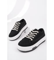 Muggo CARİNA Kalın Taban Keten Kumaş Bağcıklı Kadın Günlük Sneaker Spor Ayakkabı (Siyah)