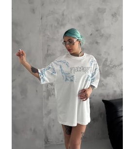 Unisex Bisiklet Yaka Baskılı Oversize T-Shirt - Beyaz