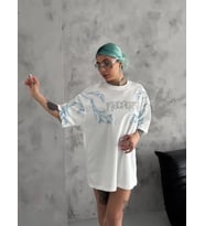 Unisex Bisiklet Yaka Baskılı Oversize T-Shirt - Beyaz