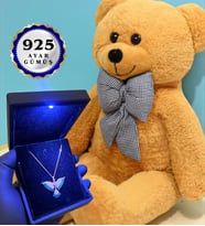Premium Hediye Seti Büyük Boy Kahve Peluş Ayıcık ve Gerçek 925 Ayar Gümüş Kolye (Model 1)