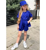 Kız Çocuk Kolsuz Penye Bluz Kısa Kollu Blazer Ceket Şapkalı Saks Mavisi Şortlu T