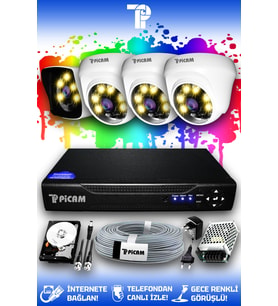 PICAM 4 Kameralı Kare 3 İç Kamera Set 1 TB HDD Full HD Renkli Gece Görüşlü Güvenlik Kamerası Sistemi (Beyaz)