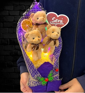 Seni Seviyorum Renkli Led Işıklı Premium Peluş Ayıcık Buketi
