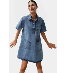 Kısa Kollu Denim Gömlek Elbise Mini Boy Casual Günlük Pamuk Yüksek Kalite Profesyonel Görünüm