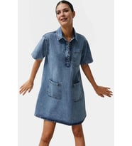 Kısa Kollu Denim Gömlek Elbise Mini Boy Casual Günlük Pamuk Yüksek Kalite Profesyonel Görünüm