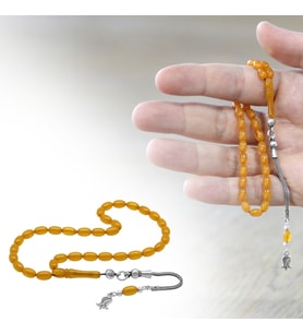 Ateş Kehribar Tesbih - 925 Ayar Gümüş Püsküllü - Koyu Sarı Renk - Mini Boy - Arpa Kesim