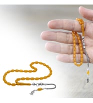 Ateş Kehribar Tesbih - 925 Ayar Gümüş Püsküllü - Koyu Sarı Renk - Mini Boy - Arpa Kesim