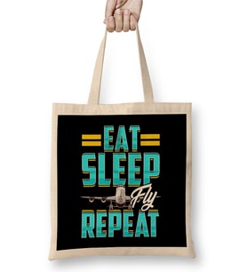 Eat Sleep Fly Repeat Airplane Pilot Aviation Pun Bez Çanta Uzun Saplı