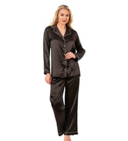 Biyeli Uzun Kol Saten Önden Düğmeli Pijama Takımı  Siyah 7647