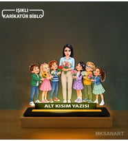 Fotoğraftan Kişiye Özel Öğretmen Öğrenciler Anaokulu Karikatürlü 14 cm MDF Işıklı Biblo - Öğretmen Hediyesi Öğretmene Özel Hediye