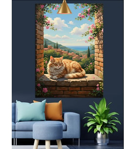 Taş Duvar Ve Kedi Dekoratif Kanvas - Mdf Ahşap Tablo