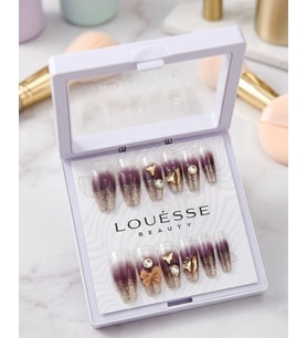 Louésse Plum Gold Glow Takma Tırnak 12’li Mor Ombre Simli Taşlı Gece Glam Nail